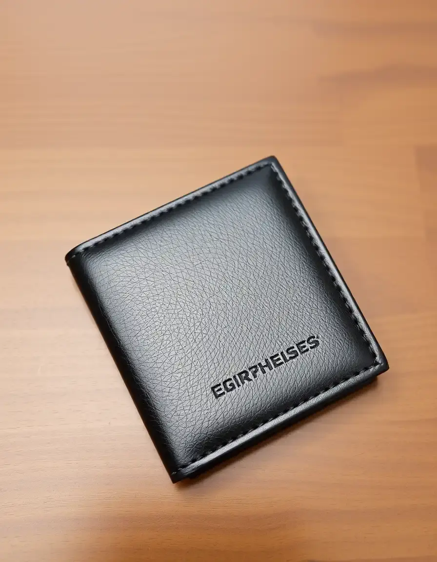 Black leather bifold wallet close up