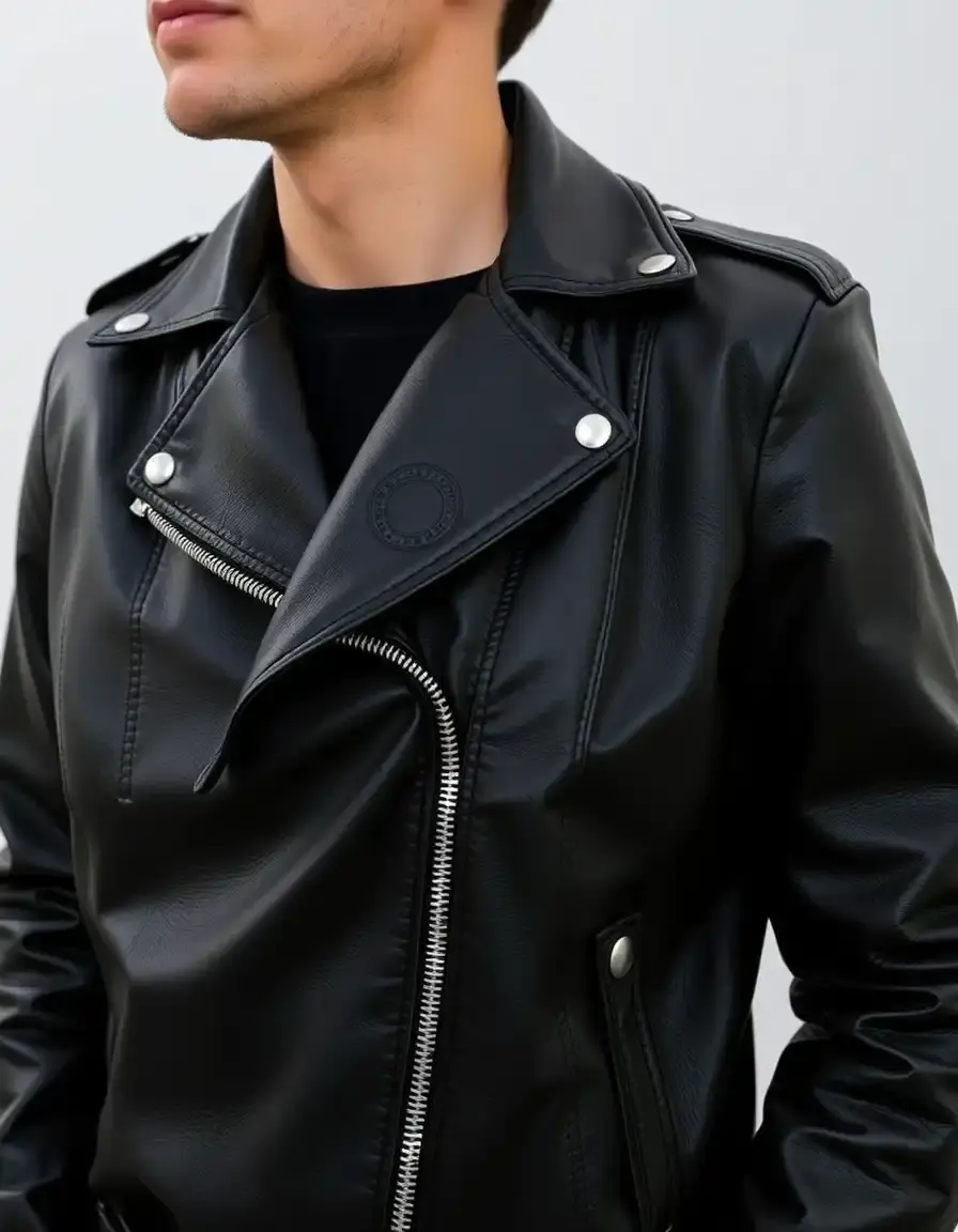 Black leather moto jacket on model