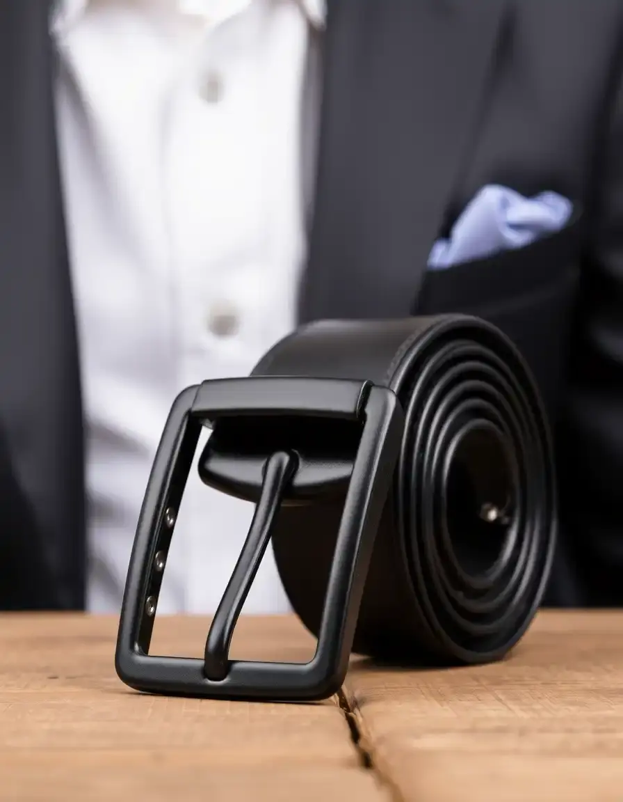 Classic Men's black leather dress belt with silver buckle