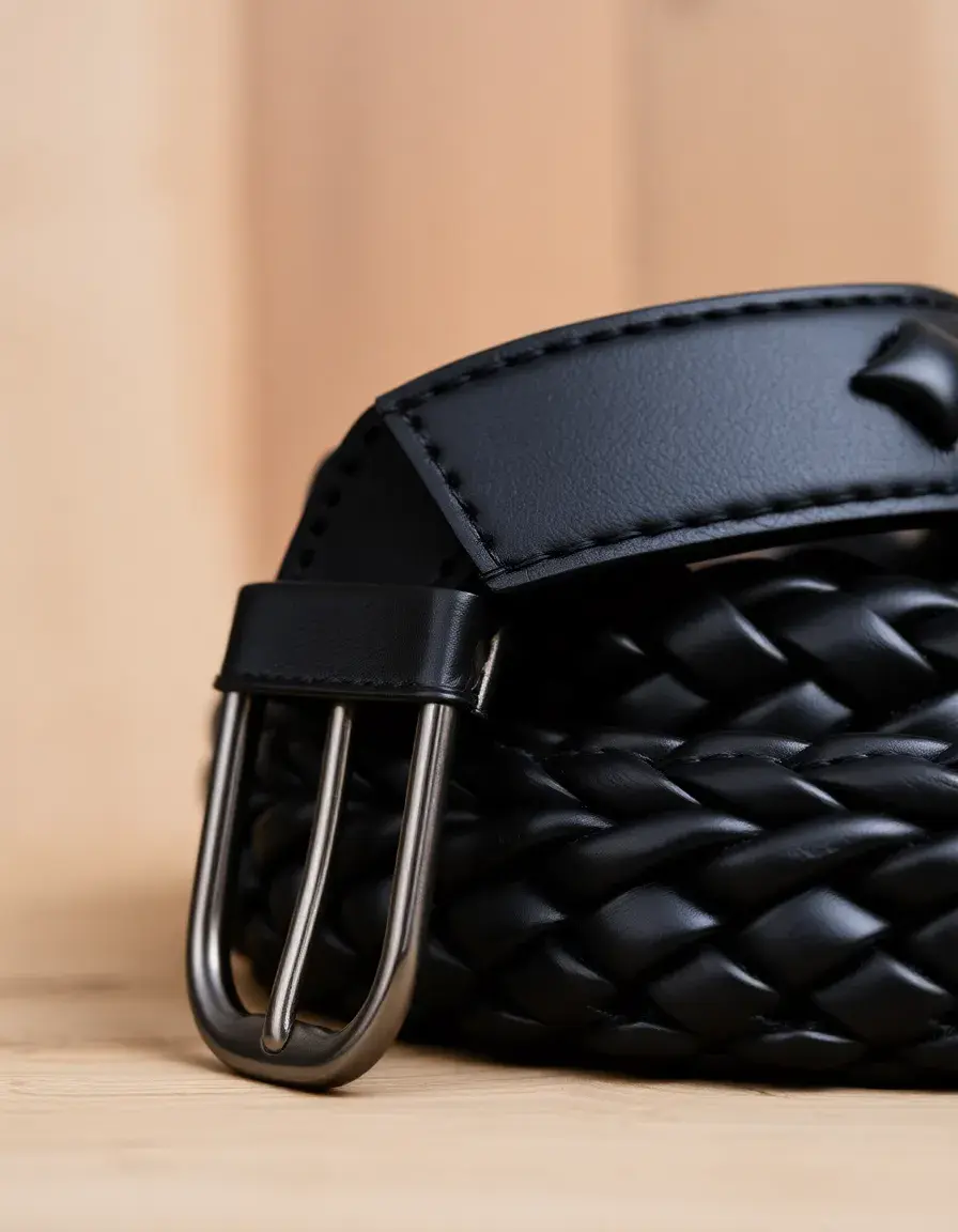 Braided black leather belt showing woven texture