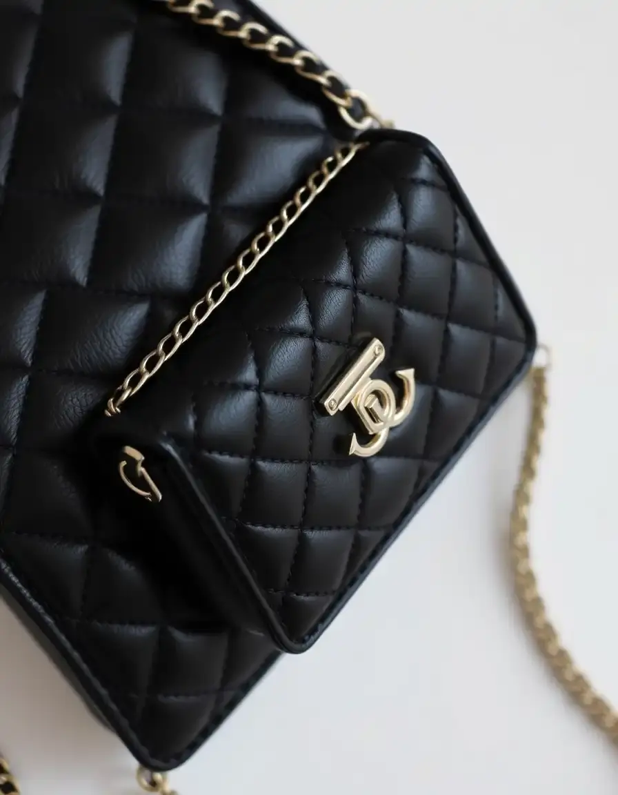 Quilted black leather crossbody bag showing elegant texture