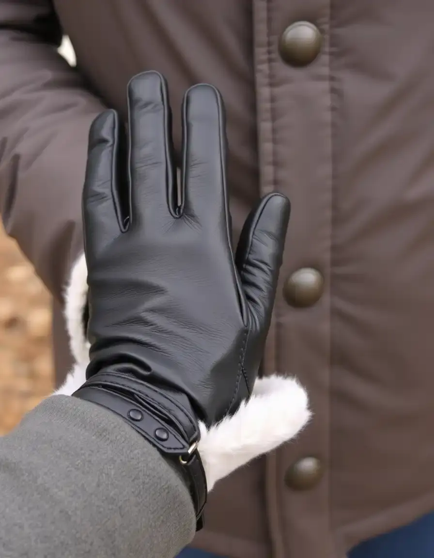 Black lined winter leather gloves