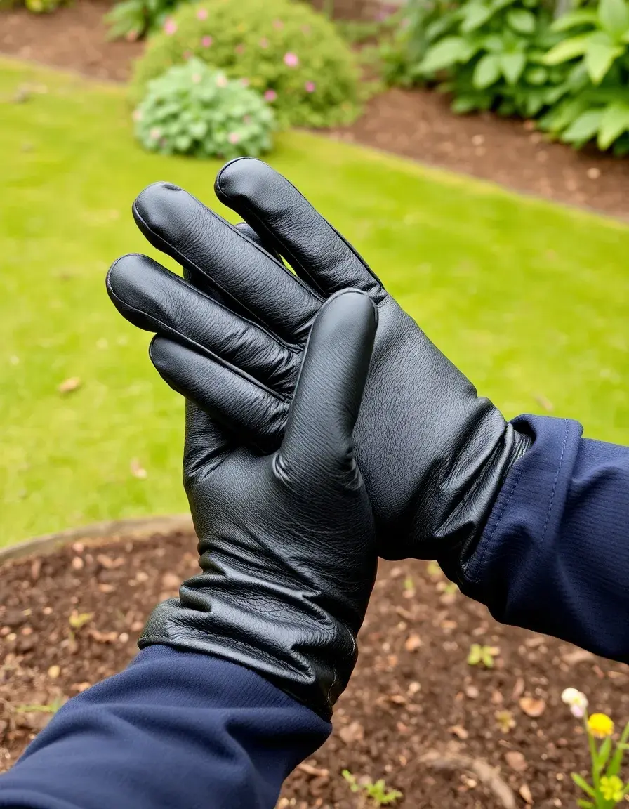 Black leather gardening gloves