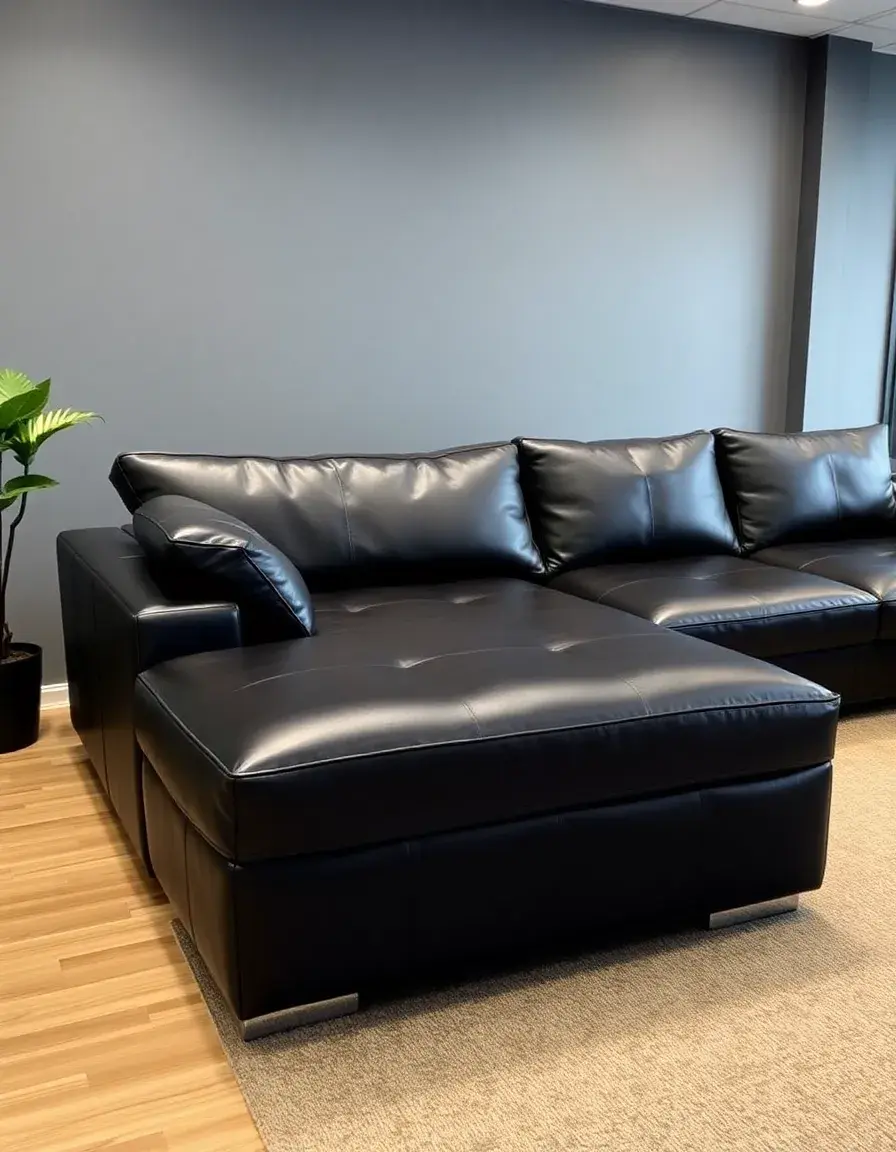 Black L-shaped leather sectional in modern room