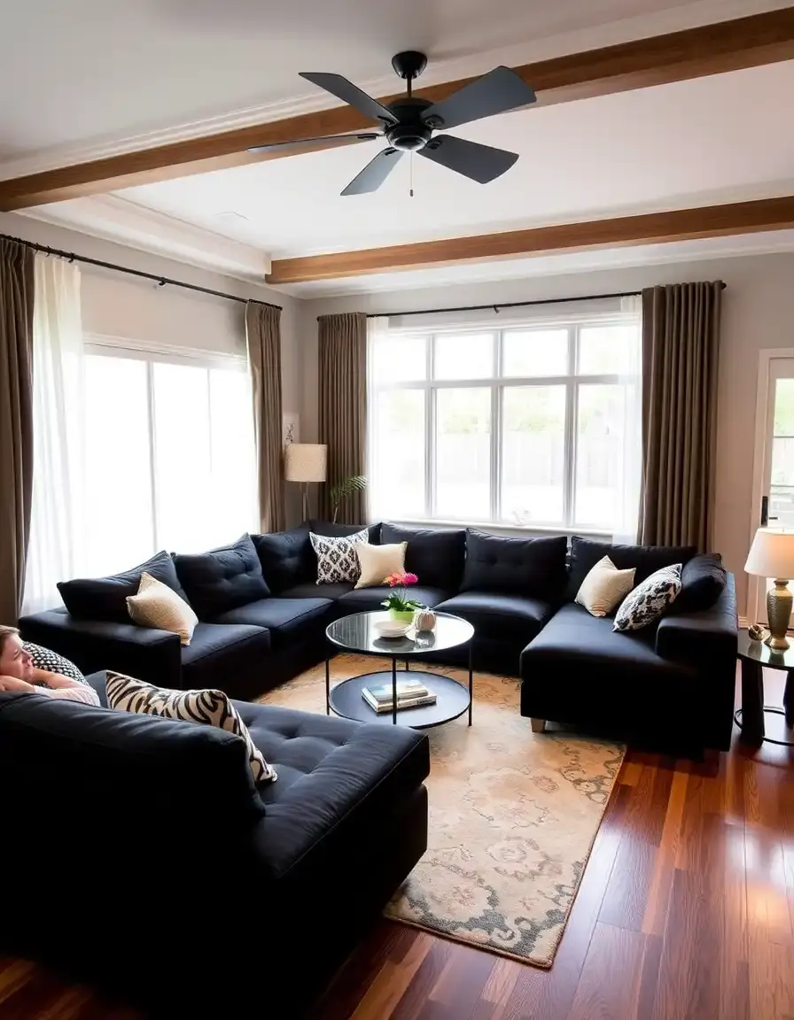 Large black leather family sectional