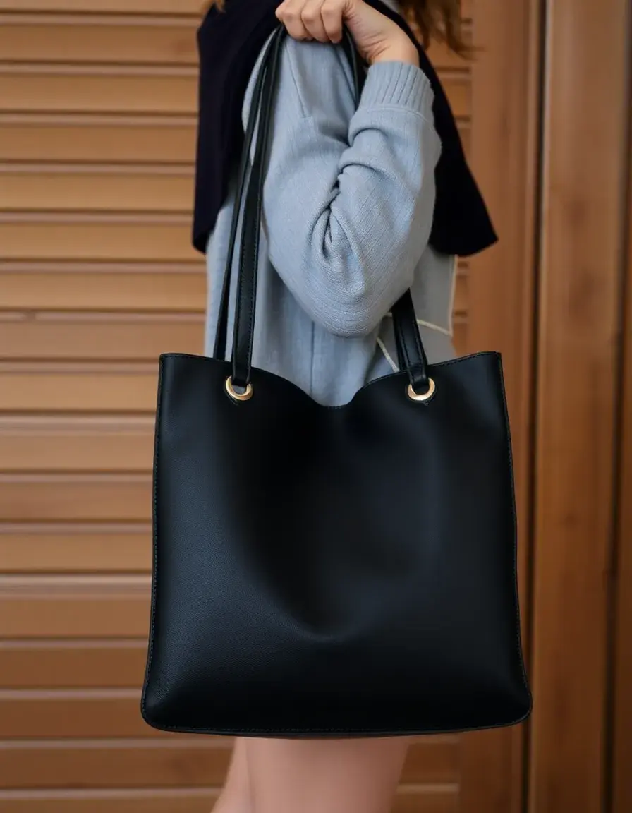 Black leather shoulder tote bag