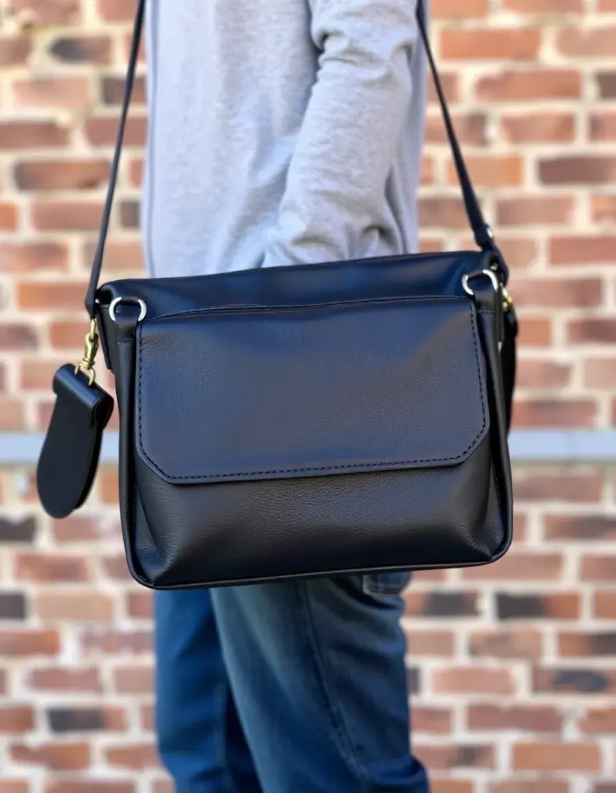Black leather messenger shoulder bag