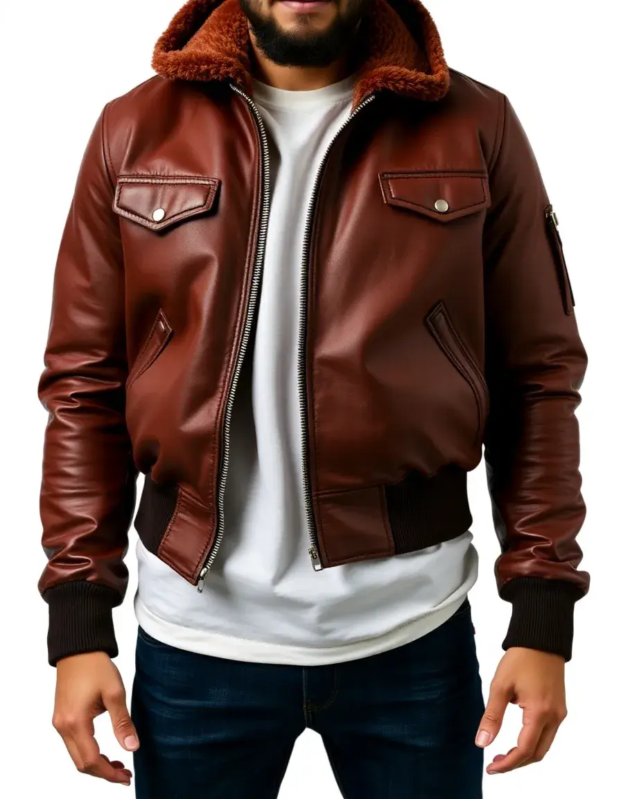 Brown aviator leather bomber