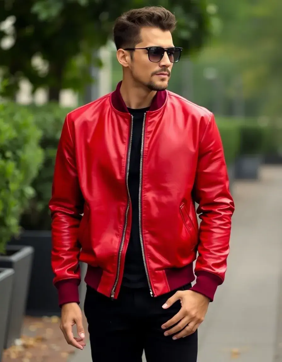 Red leather bomber jacket