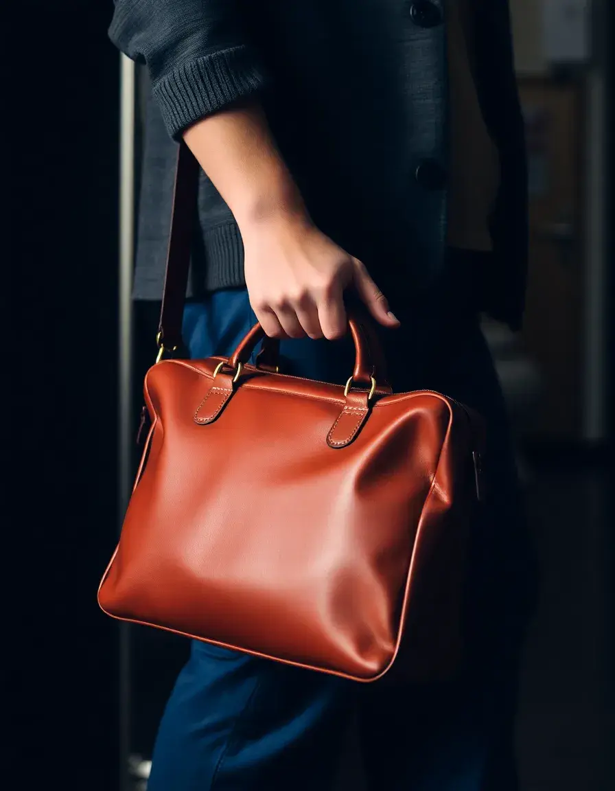 Classic brown leather satchel with buckle details