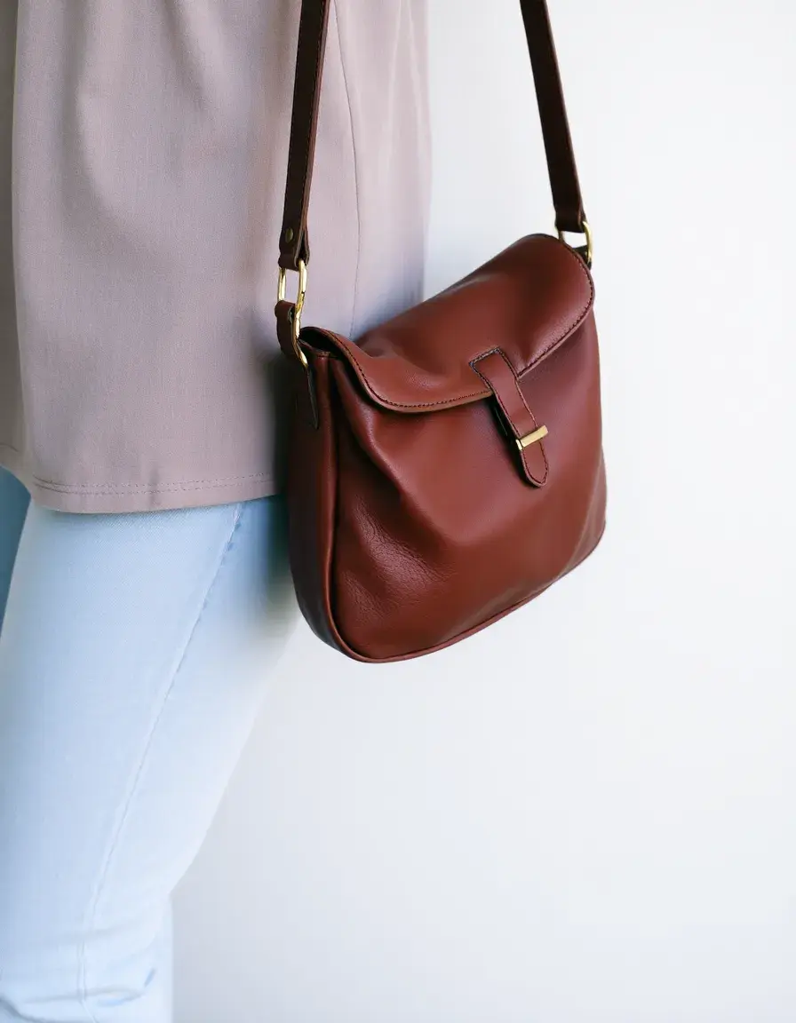 Aged brown vintage leather bag with character marks