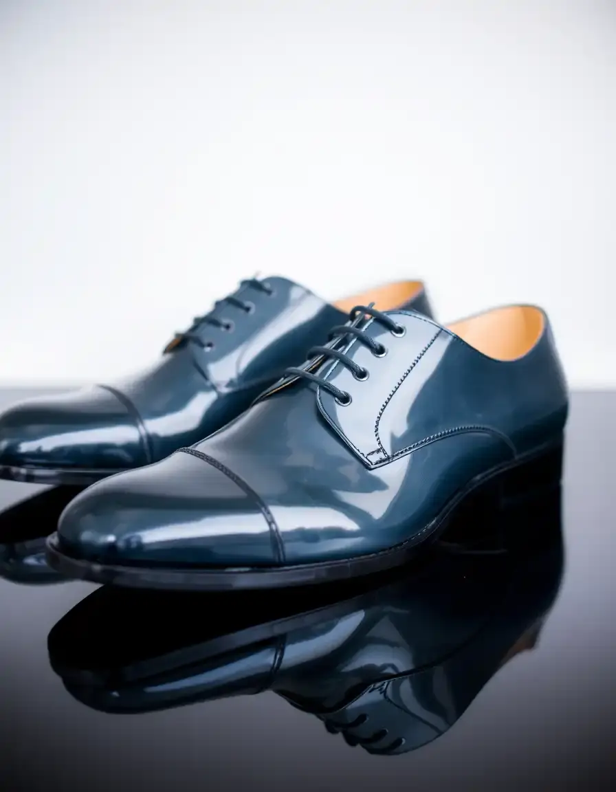 Shiny black patent leather dress shoes on a reflective surface