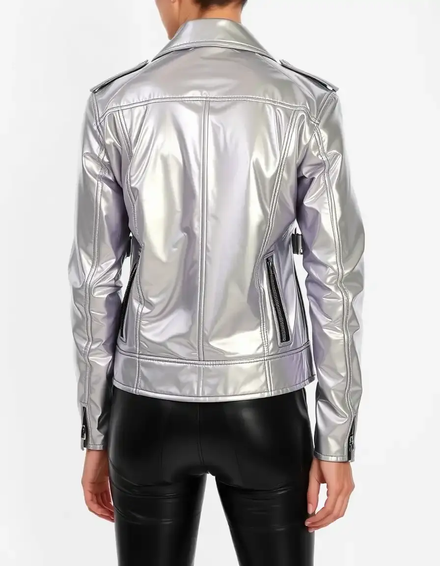 Reflective patent leather jacket in a modern cut