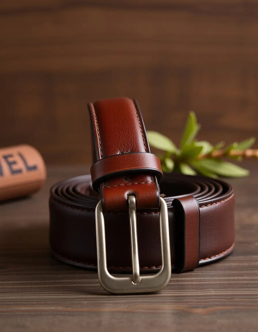 Close-up of a high-quality brown leather belt showing natural grain texture