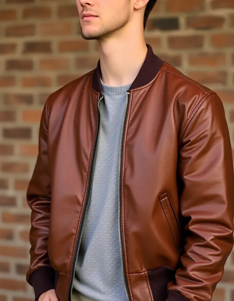 Brown classic leather bomber jacket with ribbed cuffs