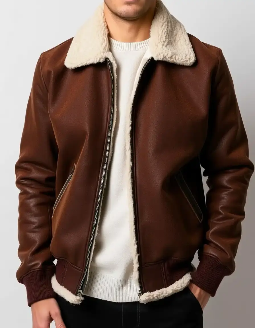 Brown shearling lined aviator bomber jacket