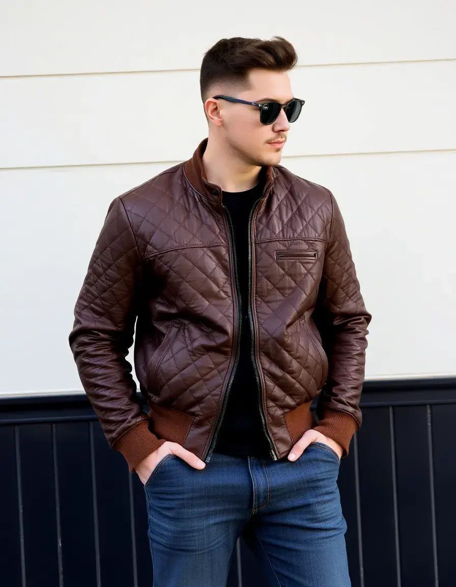 Brown quilted leather bomber jacket