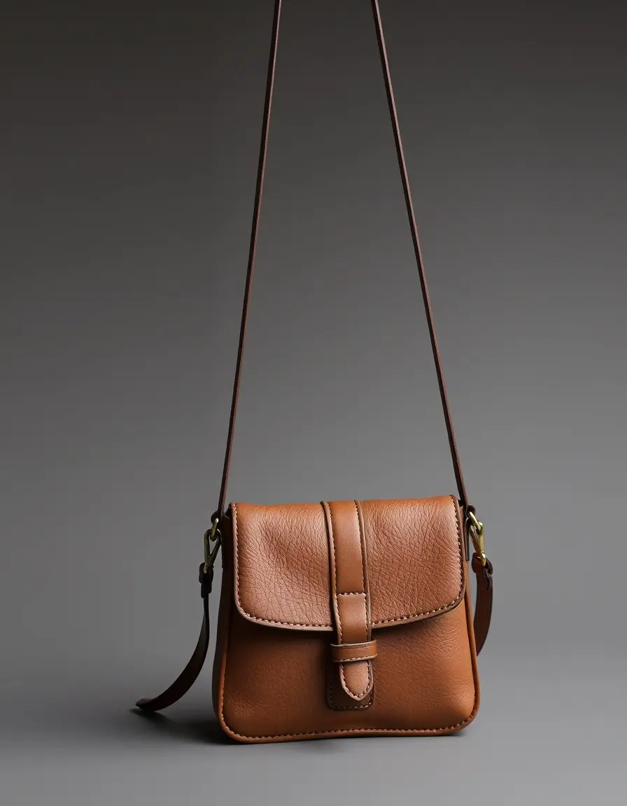 Functional brown leather crossbody purse with adjustable strap