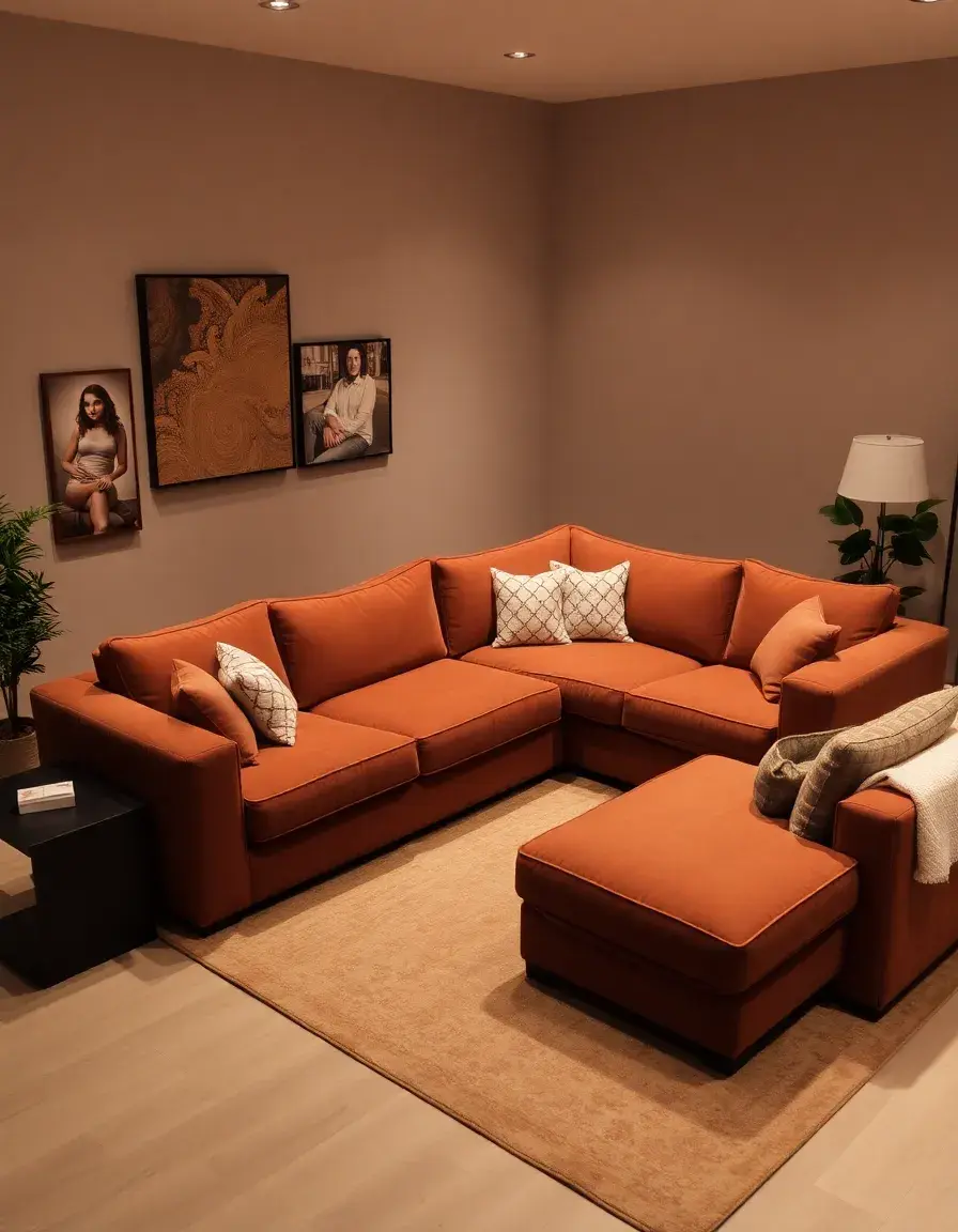 Brown L-shaped leather sectional in a sunlit living room