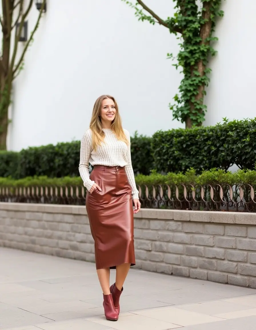 Elegant brown pencil leather skirt for office wear