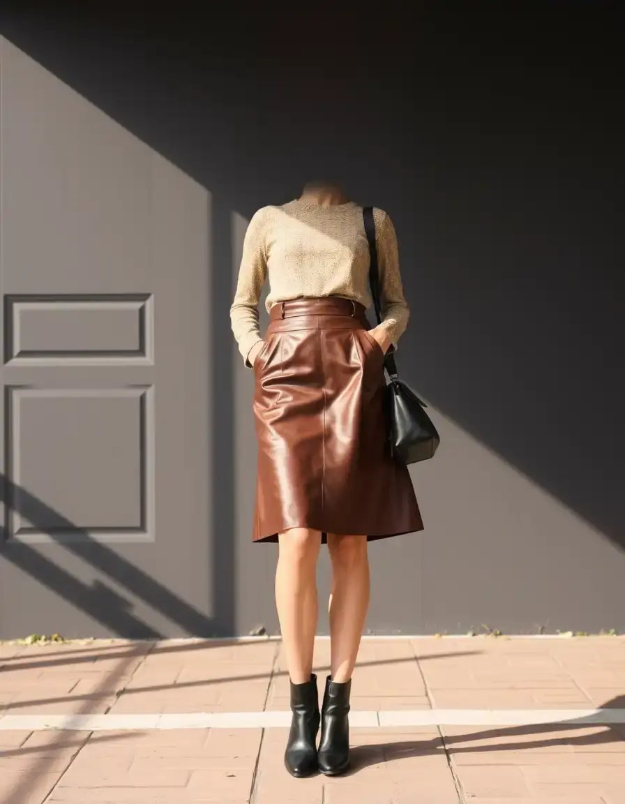 Flattering brown A-line leather skirt