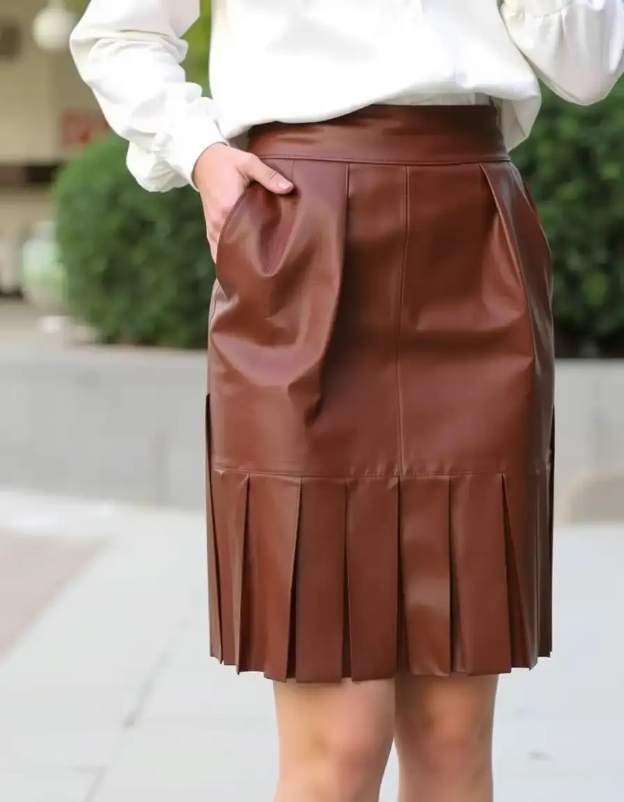Brown pleated leather skirt