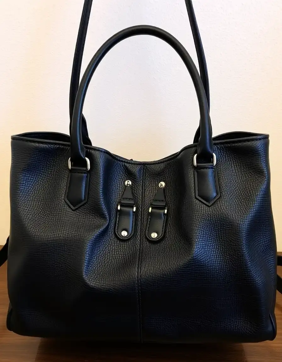 Close up of a premium black leather handbag showing texture and stitching