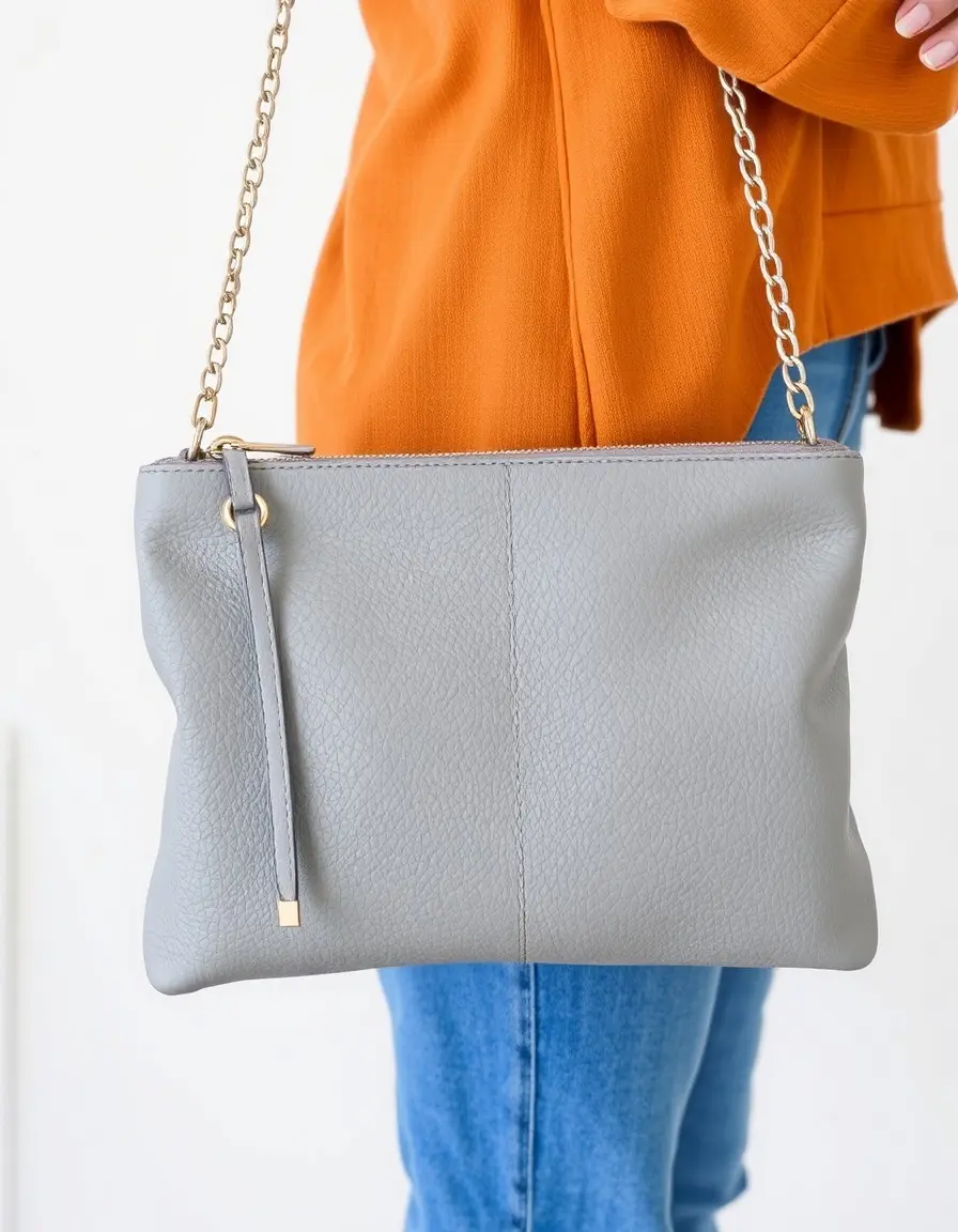 Gray leather clutch handbag