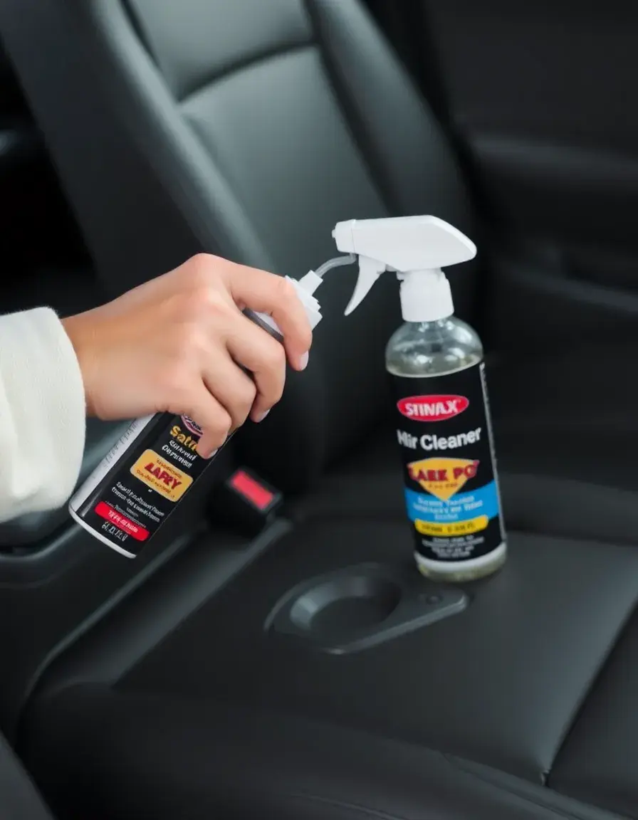 Close-up of leather car seat cleaning process with microfiber cloth