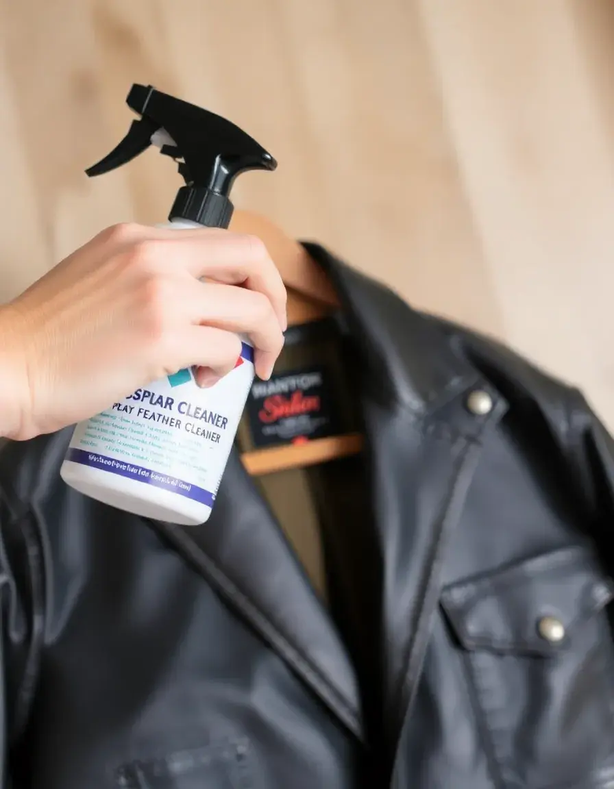Leather jacket being treated with a cleaning spray