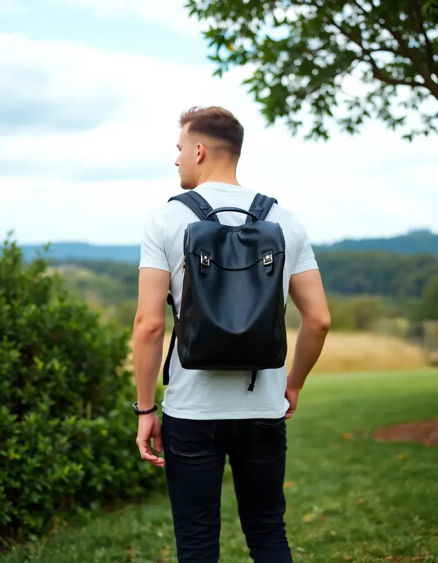 Black leather backpack for men showing sleek professional design