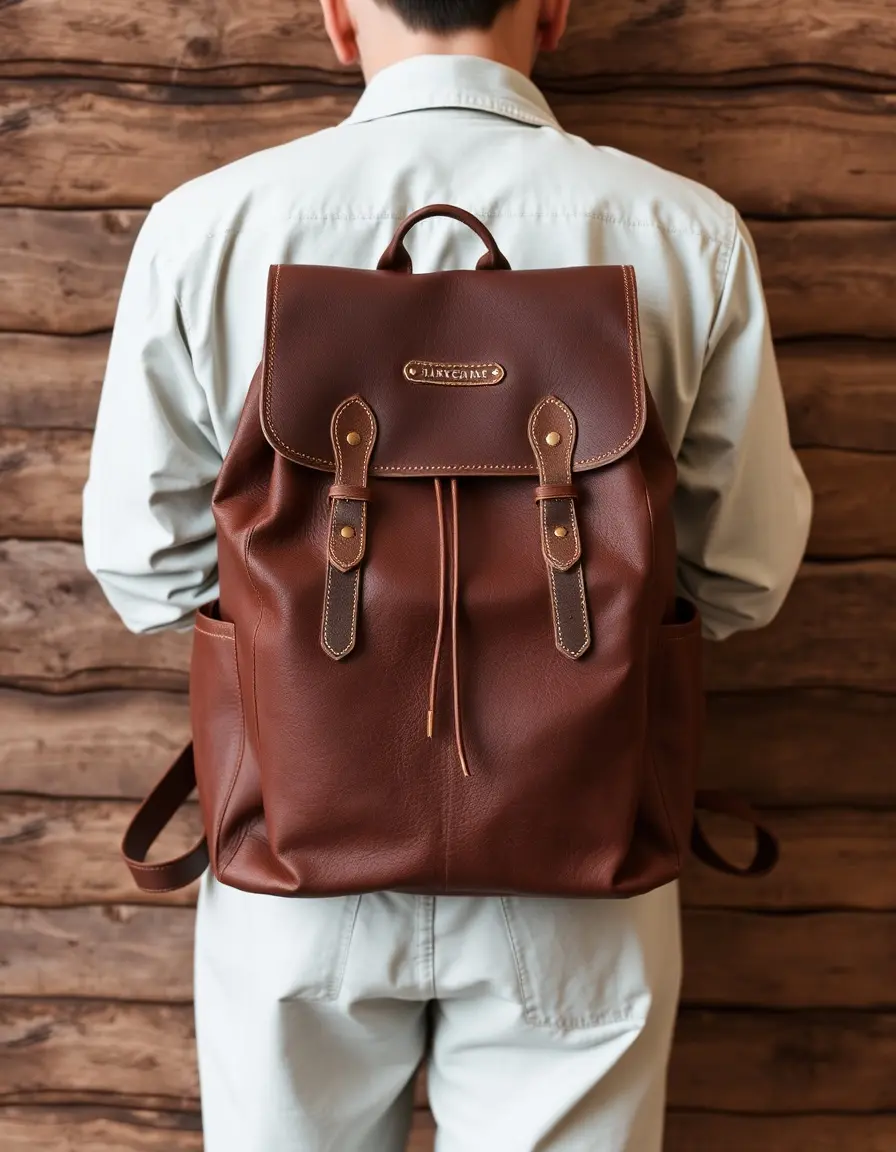 Brown vintage leather backpack for men with rustic finish