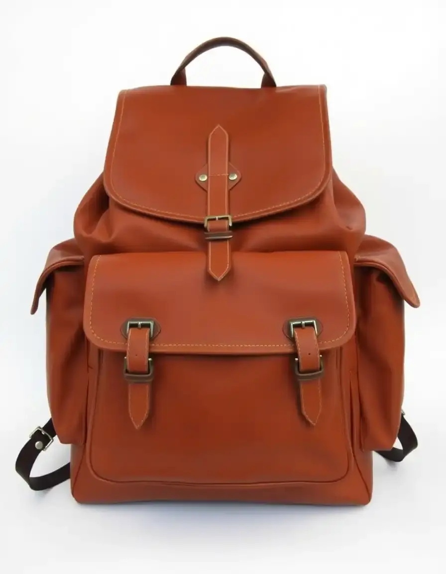 Large tan leather backpack for travel and capacity