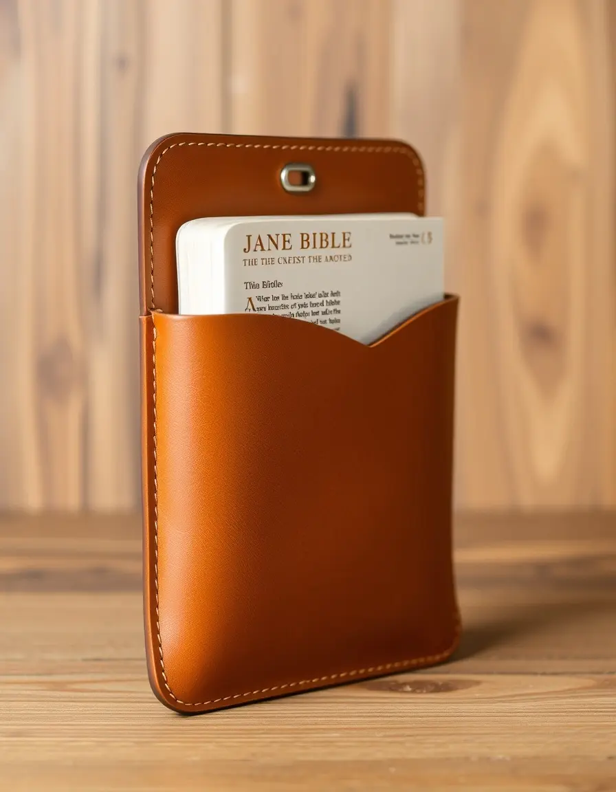 Slim tan leather bible sleeve side view