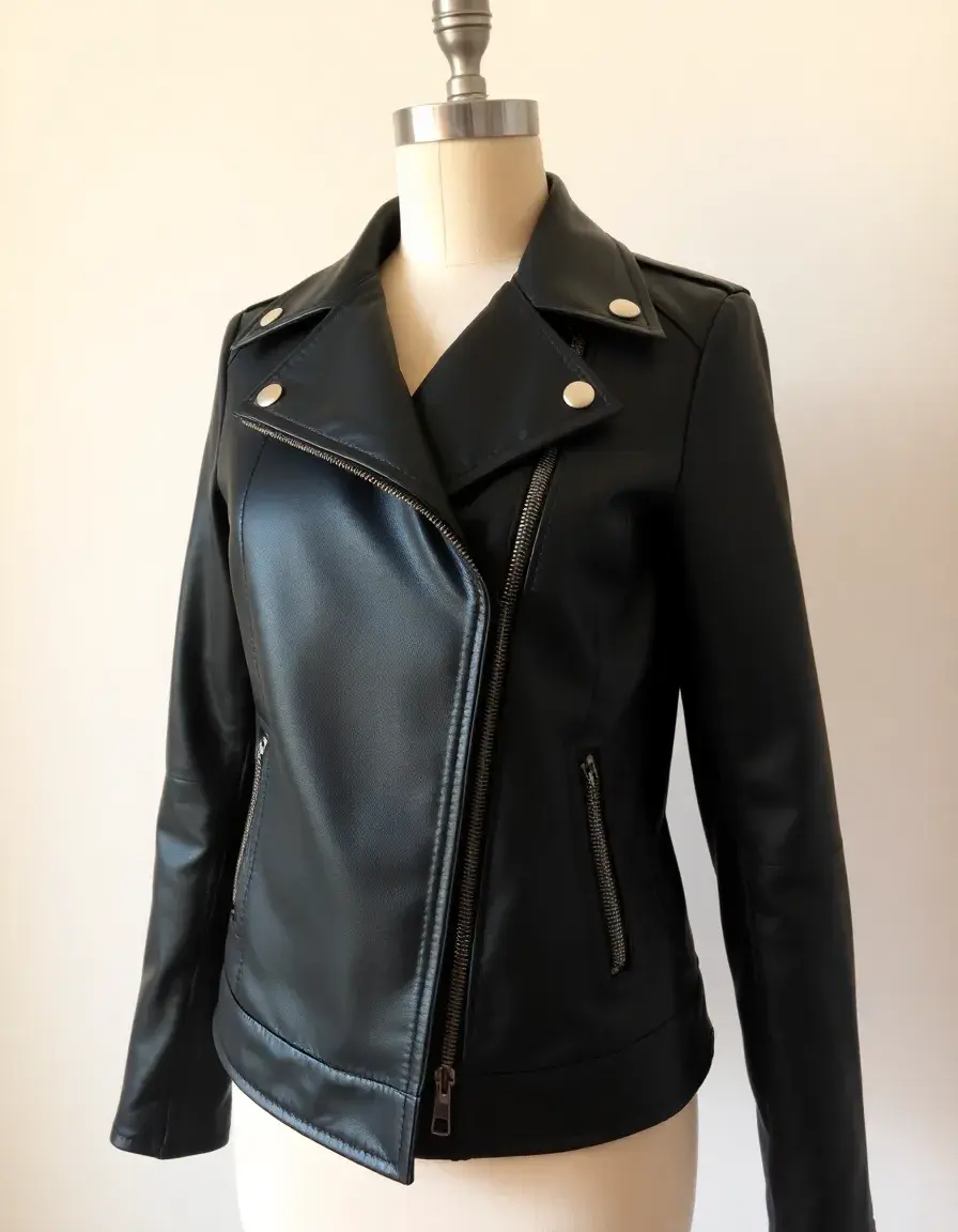 Classic black leather biker jacket with asymmetrical zip