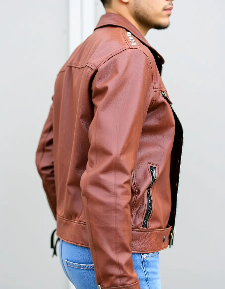Brown distressed leather moto jacket with studs
