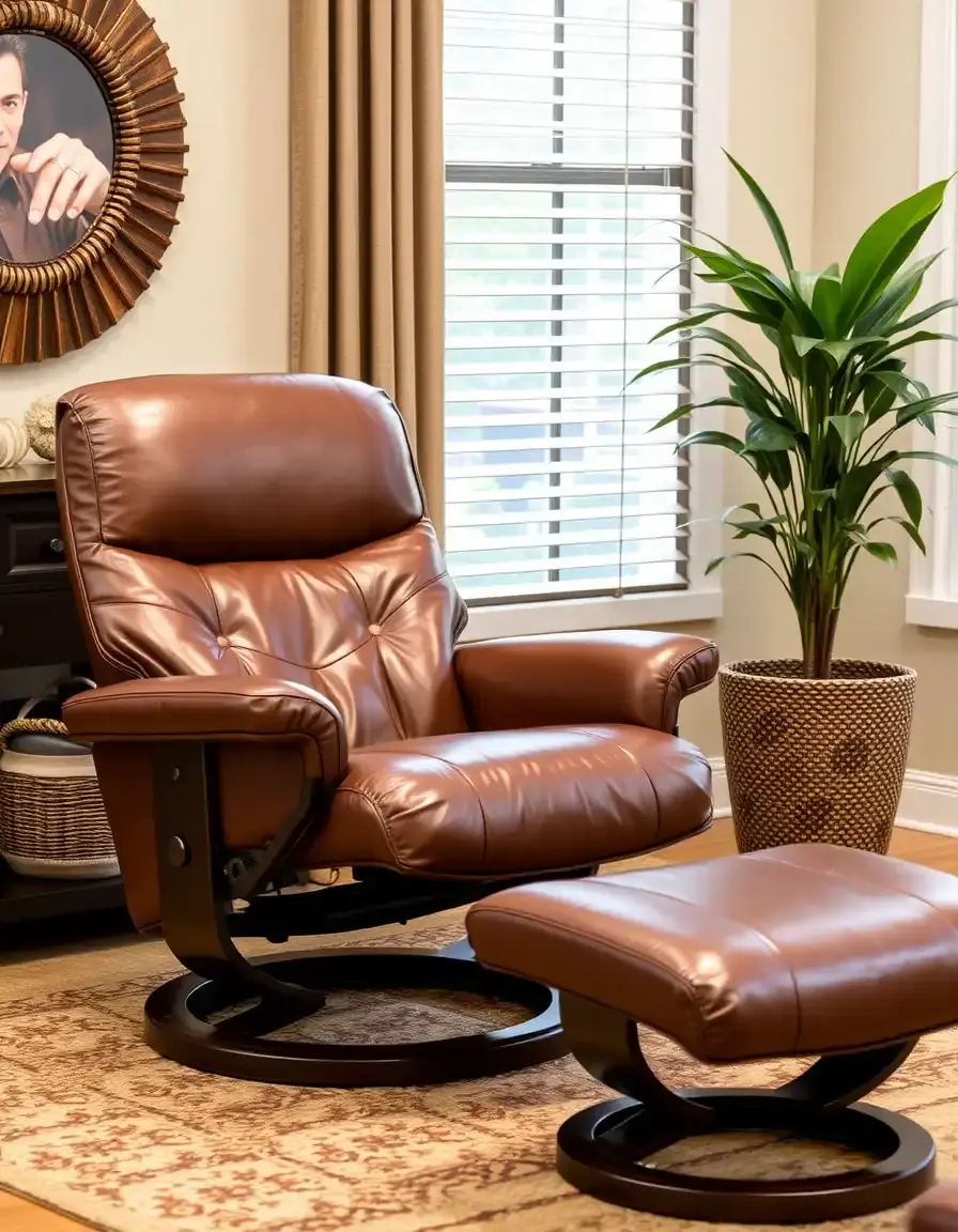 Brown reclining leather chair with matching ottoman, side view in room setting