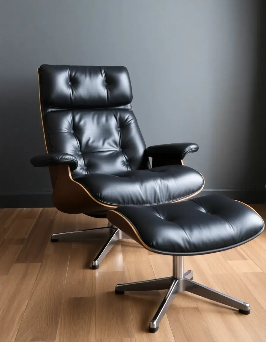 Black modern leather lounge chair and footstool, front angle