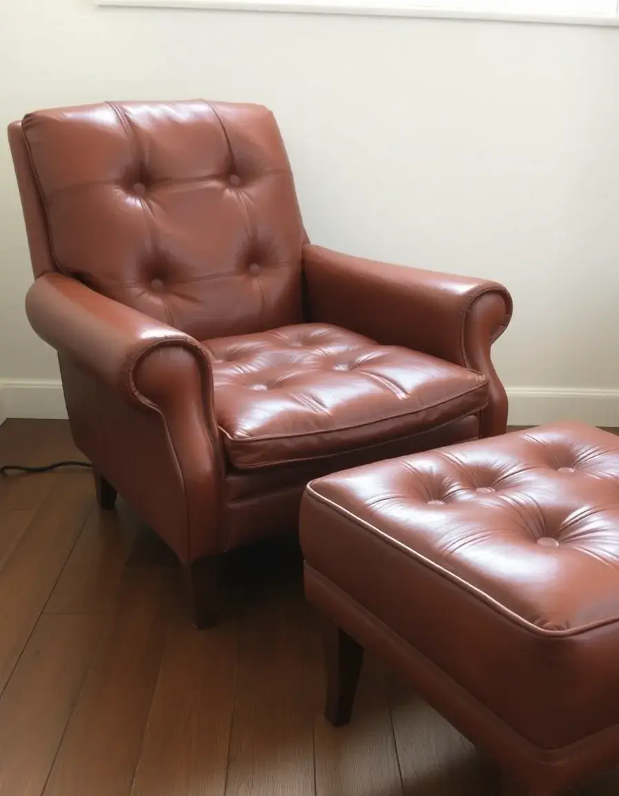 Vintage cognac leather armchair and ottoman, distressed look
