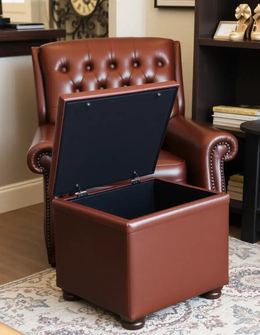 Tufted brown leather chair and storage ottoman, open lid