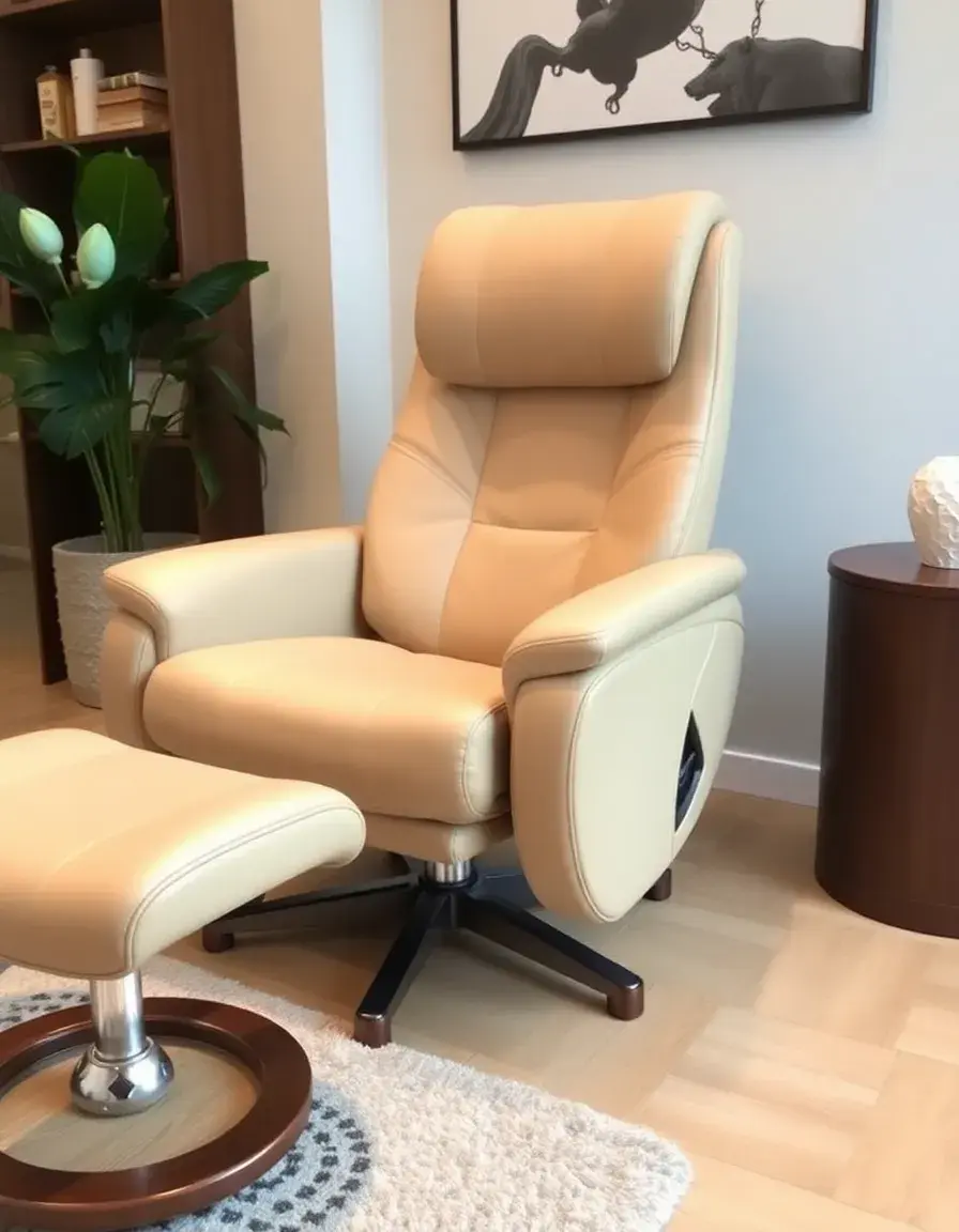 Massage function leather chair and ottoman in beige, remote shown