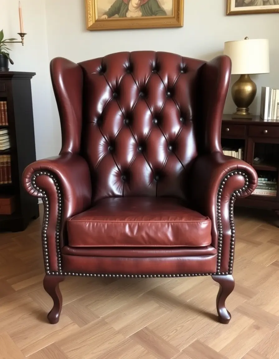 Classic wingback leather chair in brown, front view
