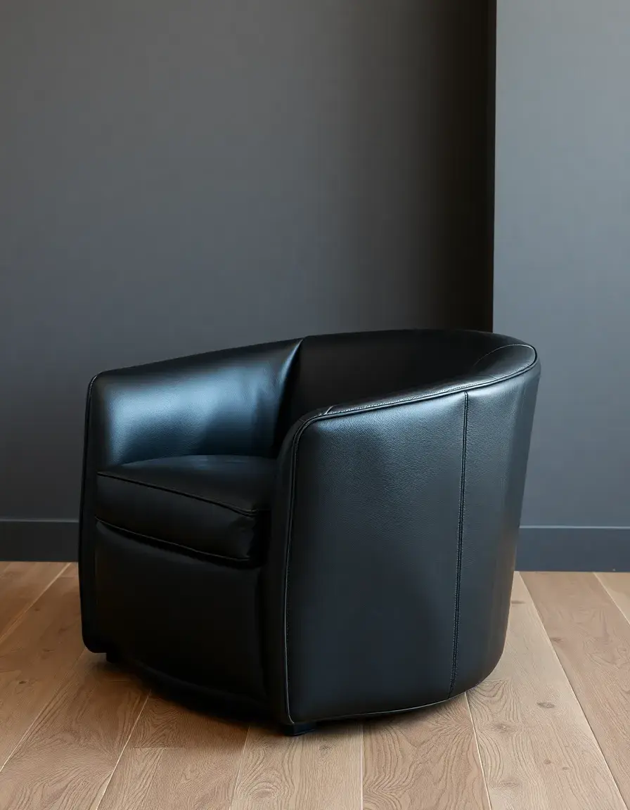 Barrel shaped leather chair in black, side profile