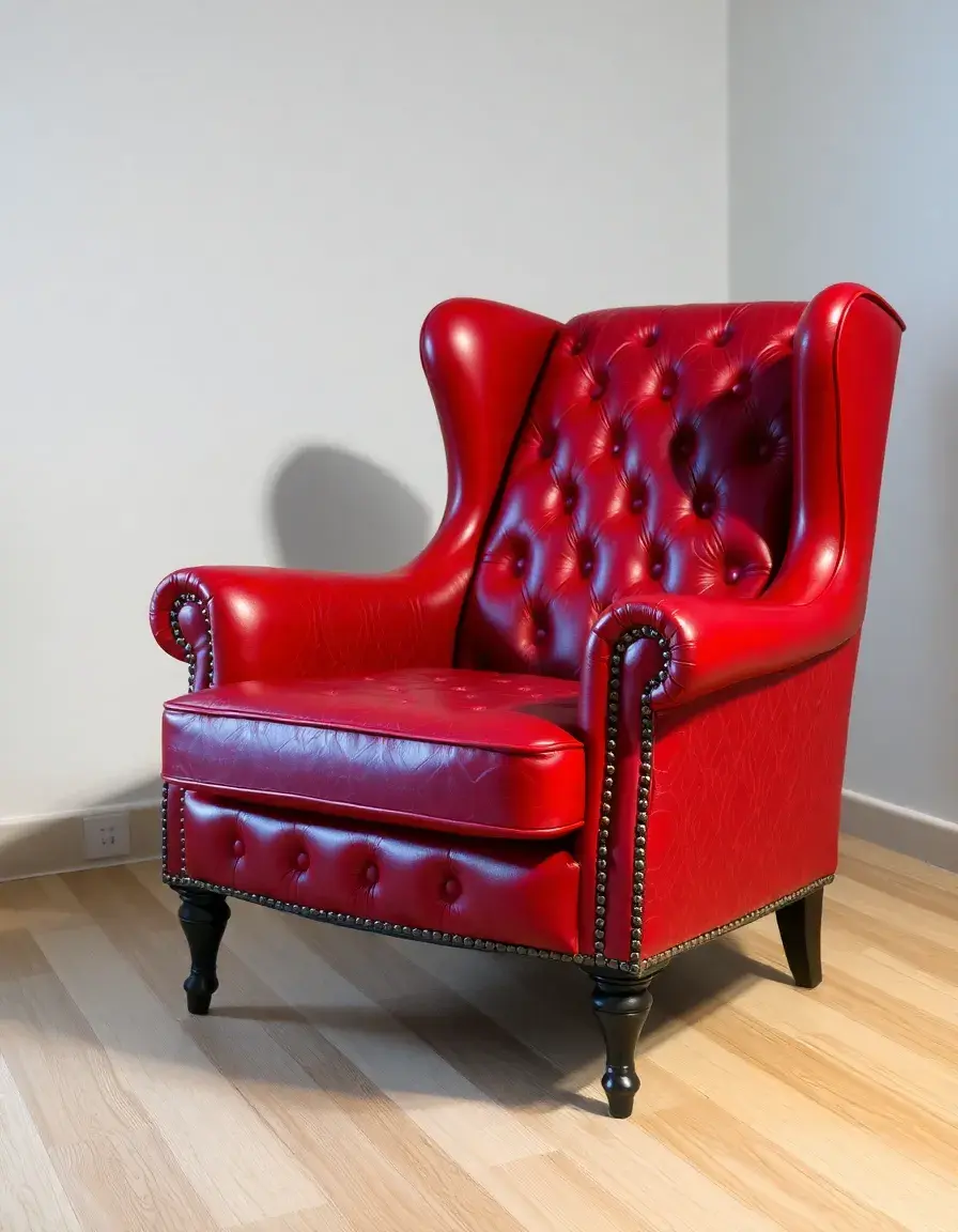 Accent leather chair in red, patterned design