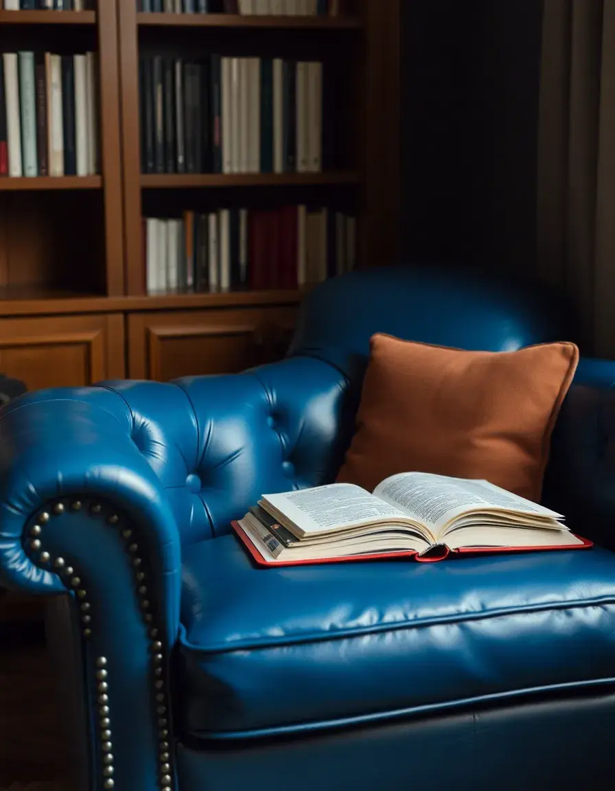 Cozy reading leather chair in blue, with book on arm