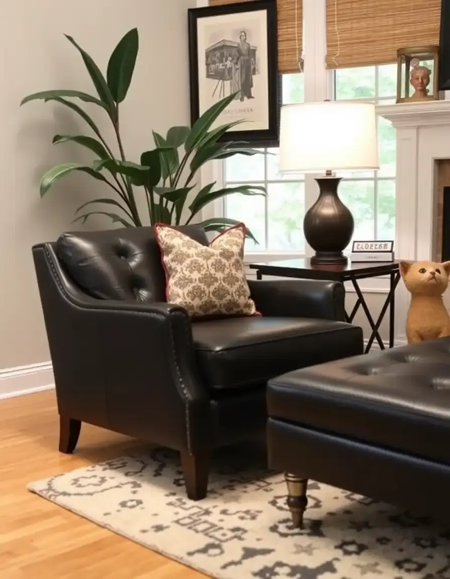 Black leather accent chair and matching ottoman in a modern living room