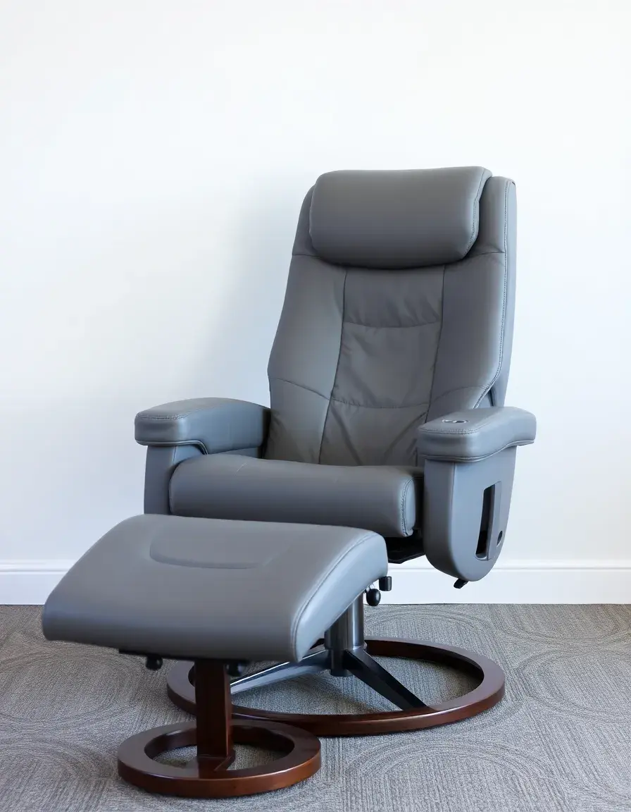 Gray leather massage chair with ottoman footrest showing controls