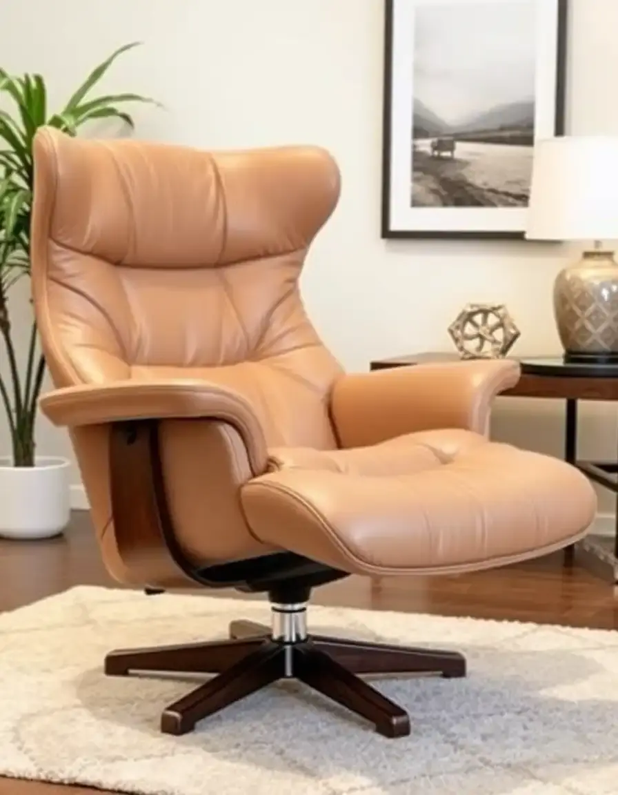 Beige swivel leather chair and ottoman