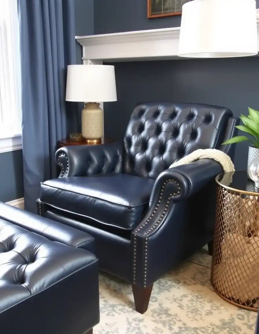 Tufted navy leather chair with storage ottoman