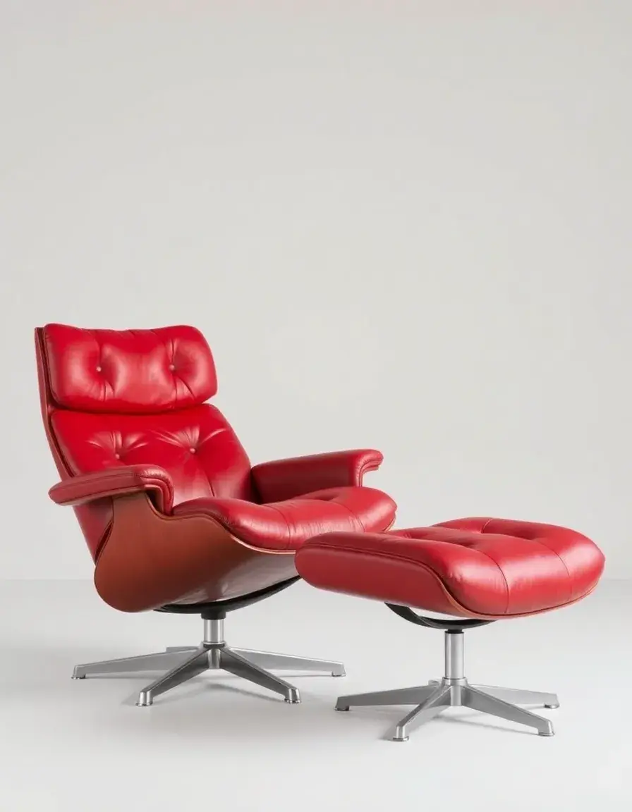 Red leather lounge chair and ottoman set